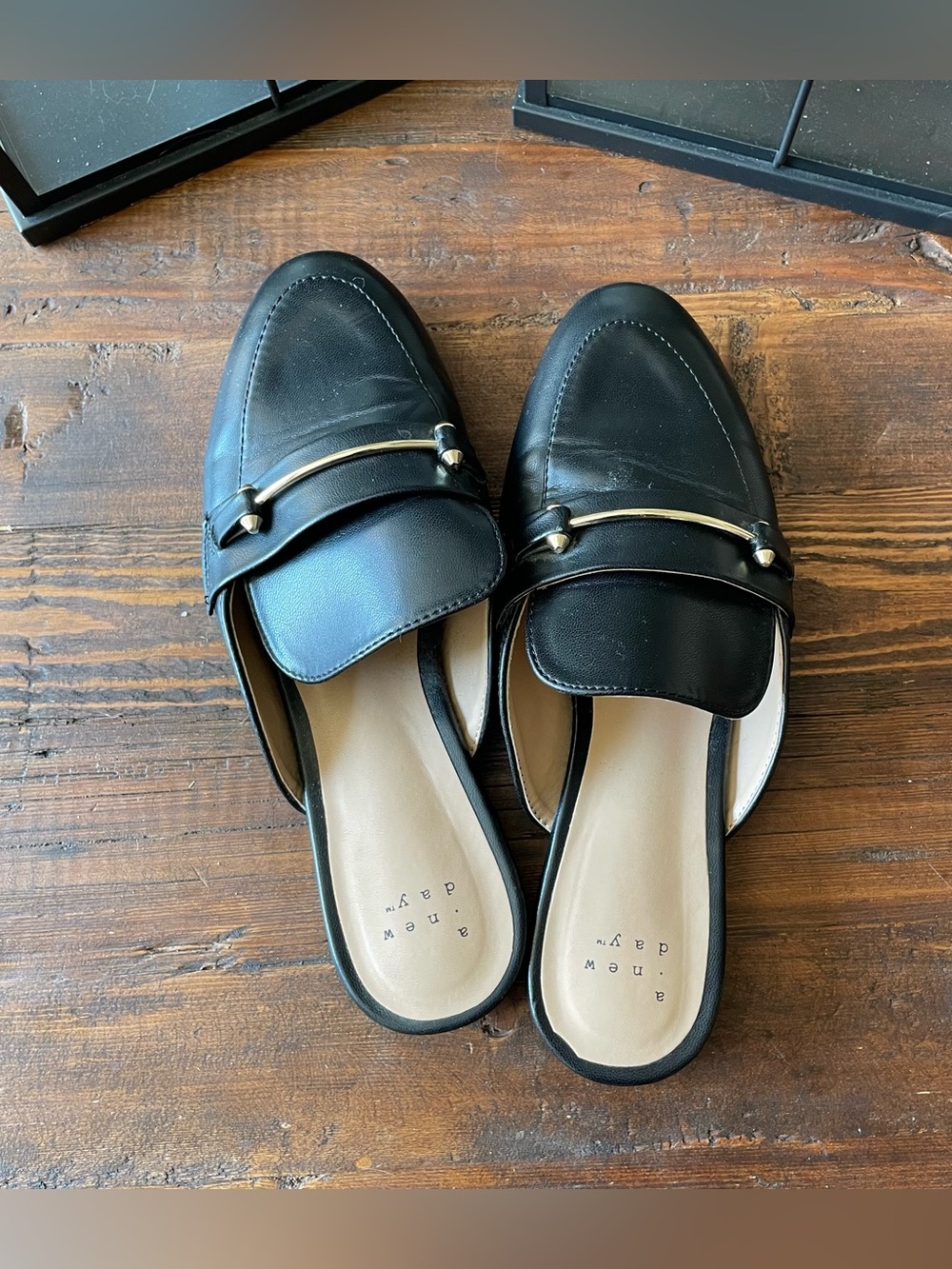 A New Day Black Leather Slip-On Loafers with Gold Accent